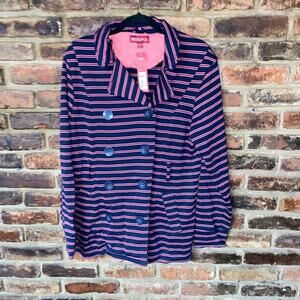 NWT Merona Navy Blue Pink Striped Double Breasted Knit Jacket Women's Size XL